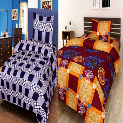 TrueValue Creations 180 TC Polycotton Single 3D Printed Flat Bedsheet(Pack of 2, yellow & navy)