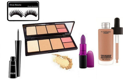 

divas beauty eyelashes & mac Compact With 2 Shade Blusher Palette & mac liquid last eyeliner & mac studio waterweight foundation & mac Heroine Lipstick(Set of 5)