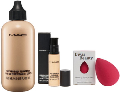 

divas beauty Sponge Puff, Mac Pro Longwear Concealer 9ML, Mac face And Body Foundation(Set of 3)