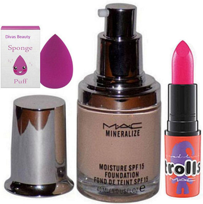 

divas beauty sponge puff &Mac Mineralize Moisture Foundation SPF 15 Fond De Teint& mac Trolls Pink Shade Lipstick(Set of 3)
