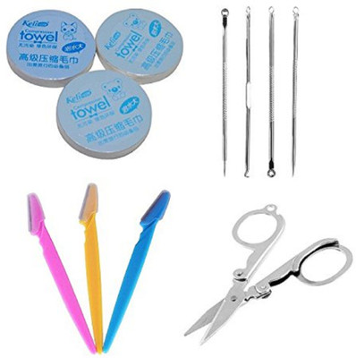 

Fully Combo Of Disposable Compressed Towel, Blackhead Tool, Eyebrow Razor And Small Folding Scissor, Multicolor(Set of 11)