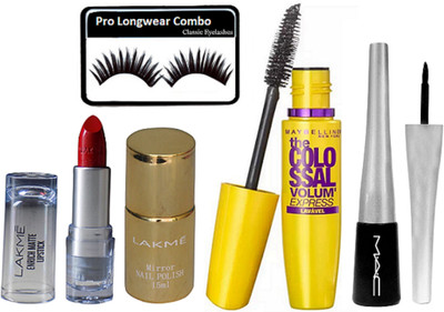 

Pro longwear combo Eyelashes, Liquid Eyeliner, Waterproof Magnum Mascara & Enrich Long Lasting Matte Finish Lipstick With Nail Polish(Set of 5)
