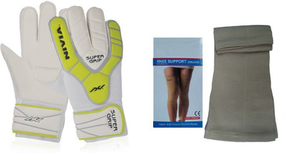 

Nivia combo of two- one pair of 'Super grip' Goalkeeping Gloves (size-large) and one Pair of Knee Supporter (Color on availability)- Football Kit