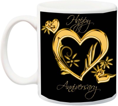 ME&YOU Gift for Husband/Wife/Couple;Happy Anniversary Golden Heart Printed Ceramic Coffee Mug(325 ml)