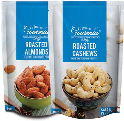 

Gourmia Combo of Roasted Salt & Pepper Almonds + Roasted Salt &Pepper Cashews (Each 200gm) Assorted Nuts(400 g, Pouch)