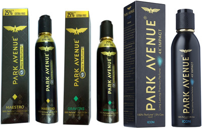 

Park Avenue MAESTRO PREMIUM PERFUME 150ML + GRAVITAS PREMIUM PERFUME 150ML + ICON 4X IMPACT LONG LASTING PREMIUM PERFUME Perfume - 120 ml(For Men & Women)