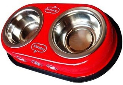 

shalimar pets High Quality Stainless Steel Dog Double Dinner Set - 450 Ml X 2 Square Stainless Steel Pet Bowl(450 ml Multicolor)