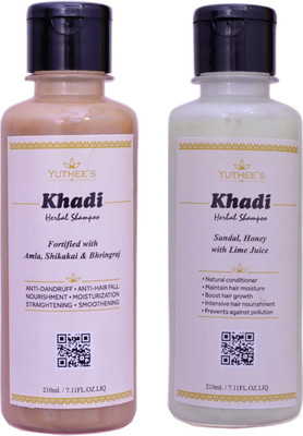 

Yuthee's Khadi Herbal Amla, Shikakai and Bhringraj Shmpoo, Khadi Herbal Sandal Honey with Lime Juice (210ml Each)(420 ml)