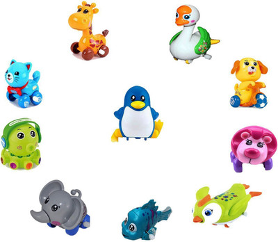 

Emob Pack of 10 Cute Domestic Animal Toys Set with Winding Chain and Moving wheels Feature for Toddlers(Multicolor)