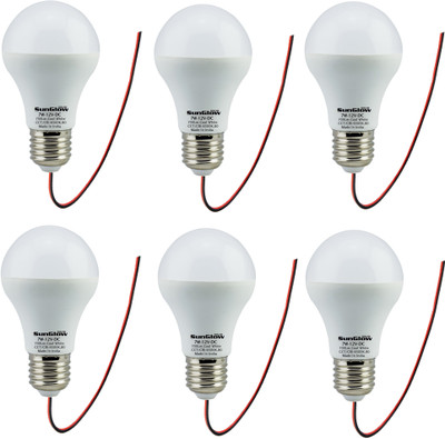 Sun Glow Solar 12 Volt, 7 W Basic Round E27 LED Bulb(White, Pack of 6)