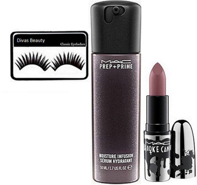 

divas beauty eyelashes & Mac Matte Brown Lipstick & mac Prep + Prime Moisture Infusion Serum Hydratant(Set of 3)