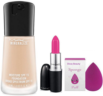 divas beauty sponge puff & mac minearlize moisture spf 15 liquid foundation & mac matte finish pink lipstick(Set of 3)