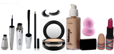 

Pro longwear combo Sponge Puff,Eyeliner,Mascara,Studio Fix Compact Makeup Foundation,Vibe Tribe Lipstick Pinkkish,Pencil Kajal,Eyelashes(Set of 8)