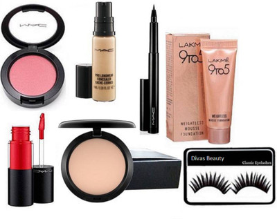 

divas beauty eyelashes & Pressed Powder Compact of mac &Mac Pink Shade Blusher&Mac Pen Eyeliner&mac Liquid Lipgloss&Mac Pro Longwear Concealer& 9 to 5Weightless Mousse(Set of 7)