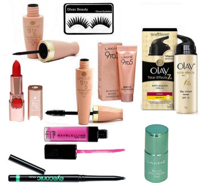 

divas beauty Eyelashes, weighless mousse foundation 6gm & liquid Eyeliner &Mascara With Matte finish long lasting lipstick With Eyeconic kajal & cream & mirrr nail polish With pink lip gloss(Set of 9)