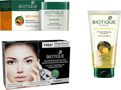 

BIOTIQUE BIO Bio Papaya Revitalizing Tan Removal Scrub, Bio Diamond Facial Kit, Bio Pineapple Oil Control Foaming Face wash(Set of 3)