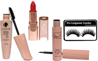 

Pro longwear combo Of Eyelashes,9 to 5 Eyeliner & Mascara With Long Lasting Matte Finish Lipstick(Set of 4)