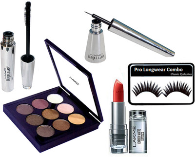 

Pro longwear combo Of Eyelashes, Mac 9 Shade Eye Shadow Palette With Brook Candy Eyeliner & Mascara & Lakme Enrich Long Lasting Matte Finish Lipstick(Set of 5)