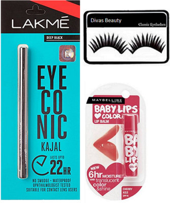 

divas beauty eyelashes & eyeconic deep black kajal & new york cheery kiss lip blam(Set of 3)