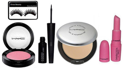 

divas beauty eyelashes & mac Pressed Powder Compact & Mac Pink Shade Blusher&Mac Liquid Eyeliner& mac Giambattista valli Real Doll Lipstick(Set of 5)
