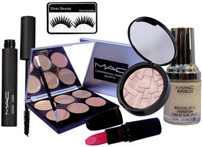 

divas beauty Eyelashes, Anastasia Illuminator Compact, 6 Shade Concealer Palette, Mineralize SPF 15 Foundation, Zoom Lash Mascara, Pink Lipstick Of Mac(Set of 6)