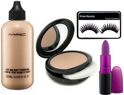 

divas beauty Eyelashes and Mac Body and Face Foundation and Studio Fix Compact and Matte Finish lIpstick(Set of 4)