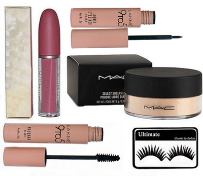 

Ultimate Eyelashes, Mac select sheer Loose Powder,Giambattista Valli Liquid Lip Gloss With Lakme Liquid Eyeliner & Mascara(Set of 5)