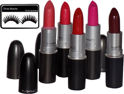 

divas beauty eyelashes &Mac Matte Finish Longlasting Multi Colors Set Of 5 Lipstick(Set of 6)