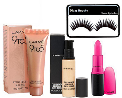 

divas beauty Eyelashes and 9to5 Weightless Mousse Foundation and pro longwear concealer and Mac Candy Yum Yum Lipstick(Set of 4)