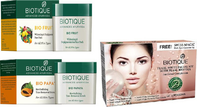 

BIOTIQUE BIO Bio Fruit Face Pack, Bio Papaya Revitalizing Tan Removal Scrub, Bio Pearl White Facial Kit(Set of 3)