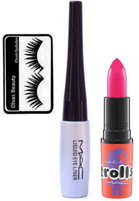 

divas beauty Eyelashes,Mac Liquid Eyeliner & Trolls Matte Lipstick(Set of 3)