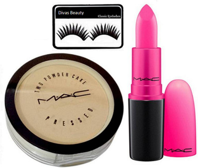 

divas beauty eyelashes & mac Pressed Powder Compact & mac Candy Yum Yum Lipstick(Set of 3)