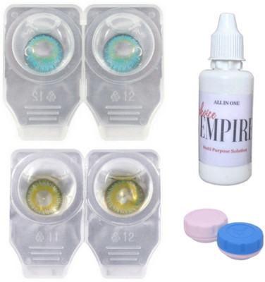 

Choice Empire 2 Pair Zero Power Monthly Contact Lens With Solution - Aqua-Green Color Lens Monthly Contact Lens(0 dioptres, Aqua, Green, Pack of 4)