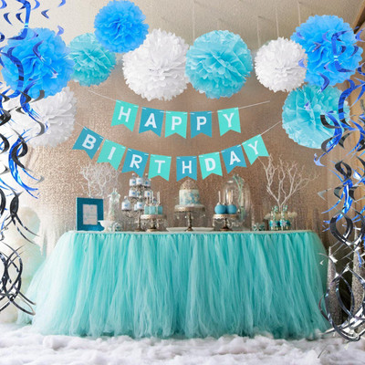 

Factory 21 Multicolor Frozen Theme Blue White Full room baby birthday party decoration kit - Set of One Happy Birthday Banner (Blue), 9 Blue White Pom Pom (10 inches) and 12 pcs Paper swirl Danglers (Blue) - 850 g