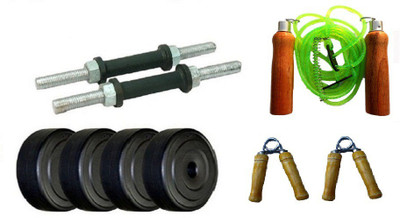 

FACTO POWER BLACK DUMBELL RODS, LEATHER MATERIAL, RED COLOR, GYM GLOVES, WOODEN HANDLE GREEN COLOR SKIPPING ROPE AND PAIR OF HAND GRIPPER Gym & Fitness Kit