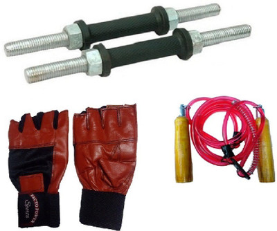 

FACTO POWER BLACK DUMBELL RODS, LEATHER MATERIAL, RED COLOR, GYM GLOVES AND WOODEN HANDLE RED COLOR SKIPPING ROPE Gym & Fitness Kit