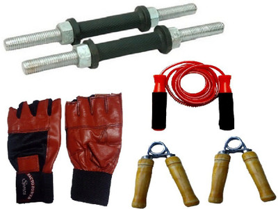 

FACTO POWER BLACK DUMBELL RODS, LEATHER MATERIAL, RED COLOR, GYM GLOVES, BEARING RED COLOR SKIPPING ROPE AND PAIR OF HAND GRIPPER Gym & Fitness Kit