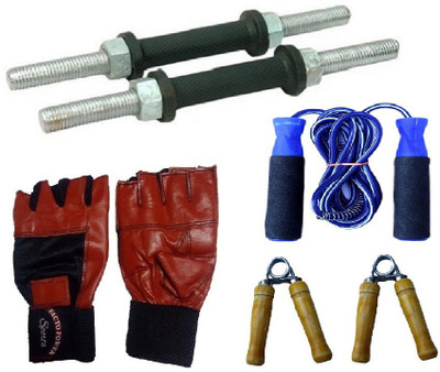 

FACTO POWER BLACK DUMBELL RODS, LEATHER MATERIAL, RED COLOR, GYM GLOVES, BEARING BLUE COLOR SKIPPING ROPE AND PAIR OF HAND GRIPPER Gym & Fitness Kit