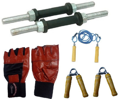 

FACTO POWER BLACK DUMBELL RODS, LEATHER MATERIAL, RED COLOR, GYM GLOVES, WOODEN HANDLE BLUE COLOR SKIPPING ROPE AND PAIR OF HAND GRIPPER Gym & Fitness Kit