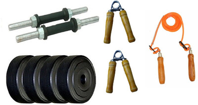 

FACTO POWER BLACK DUMBELL RODS, LEATHER MATERIAL, RED COLOR, GYM GLOVES, WOODEN HANDLE ORANGE COLOR SKIPPING ROPE AND PAIR OF HAND GRIPPER Gym & Fitness Kit