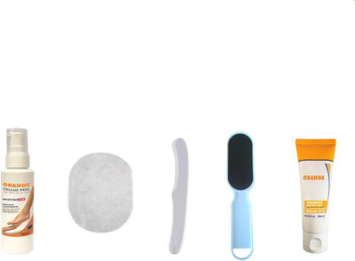 

Orange **NEW in INDIA**Orange Callus Peel Liquid- Professional Starter Package (100 Ml Liquid+ Dry Patch+Scrapper+Filer+ Moisturiser Cream) -**Smoothen CRACKED, CALLUSED and ROUGH feet in just 15 minutes**- Imported and Specially formulated for Indian Fee