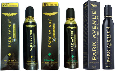

Park Avenue REGAL 4X IMPACT LONG LASTING PREMIUM PERFUME 120 ML+MAESTRO PREMIUM PERFUME 150 ML+GRAVITAS PREMIUM PERFUME 150 ML Eau de Parfum - 150 ml(For Men & Women)