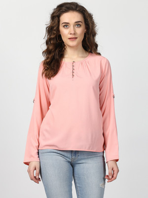 HARPA Casual Bell Sleeve Solid Women Pink Top