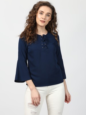 HARPA Casual Bell Sleeve Solid Women Blue Top