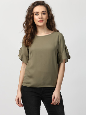 HARPA Casual Bell Sleeve Solid Women Green Top