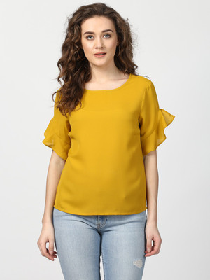 HARPA Casual Flared Sleeve Solid Women Yellow Top