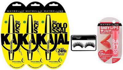 

pro longwear combo Eyelashes,New York Colossal Kajal Pack Of 3,Lipbalm Cherry Kiss(Set of 5)