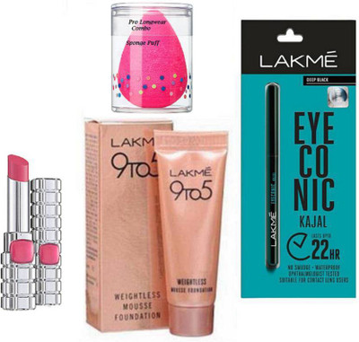 

Pro longwear combo Sponge Puff,Eyeconic Kajal,9 To 5 Mousse Foundation 20 gm,Loreal Paris Lipstick(Set of 4)