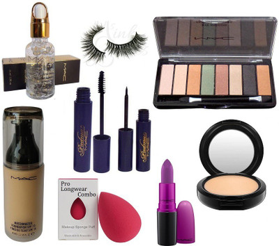 

Pro longwear combo Sponge puff & eyeshadow palette Fard a paupieres (01) in 8 shades, padma eyeliner and mascara, matchmaster spf 15 foundation with smoothing gold radiance primer and compact, mac matte heroine lipstick and eyelashes(Set of 9)