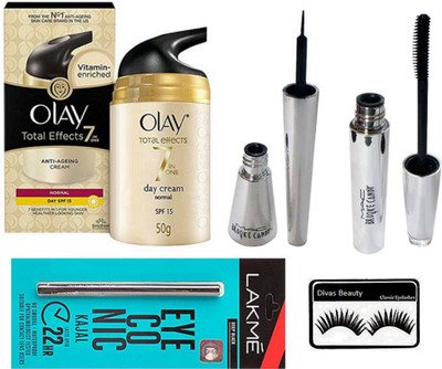

divas beauty Eyelashes With Eyeliner & Mascara And Kajal & Total Effect 7 in one Anti-Ageing Cream 50 gm(Set of 5)